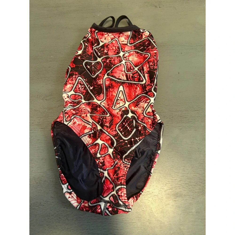 Speedo Womens Red Black Abstract Geometric Cross Back One Piece Swimsuit Size 30